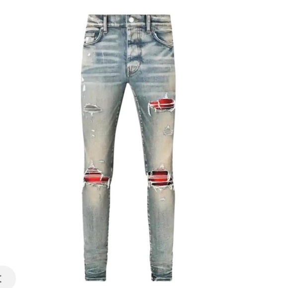 AMIRI MX1 Red Plaid Patch Underlay Distressed Jeans Size 31 New With Tags! - Picture 1 of 16